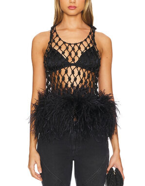 Santa Brands Embellished Black Feather Trim Mesh Tank Top Size XS / S